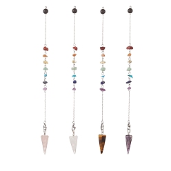 Mixed Stone Hexagonal Cone Natural Gemstone Dowsing Pendulums, with 304 Stainless Steel Cable Chains, 246mm, Hole: 2mm, 4 style, 1pc/style, 4pcs/set