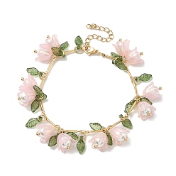 Pink Браслеты с подвесками из акрила и жемчуга в виде цветка, листьев и ракушек, браслеты-цепочки из латуни для женщин, золотые, розовые, 7 дюйм (17.7 см)