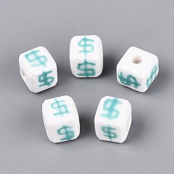Verdemar Claro Cuentas de porcelana hechas a mano, pintado a mano, famille porcelana rosa, cubo y símbolo de dólar, verde mar claro, 8~9x8~9x8~9 mm, agujero: 2~2.8 mm