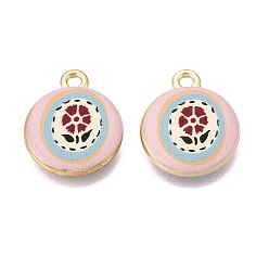 Dark Red Printed Alloy Pendants, Rack Plating, Flat Round & Flower Charms, Cadmium Free & Nickel Free & Lead Free, Golden, Dark Red, 18x15x3.5mm, Hole: 1.8mm