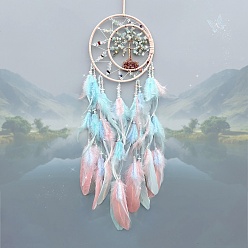 Бледно-бирюзовый Плетеная сетка/паутина с подвесками из перьев, с плоским круглым деревом жизни, натуральный морганитовый чип для подвесных украшений в салоне автомобиля, бледные бирюзовая, 720 мм