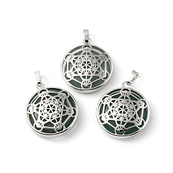 Зеленый Авантюрин Естественный зеленый авантюрин подвески, с реечной обшивкой латунными выводами, без кадмия и без свинца, плоский круглый со звездными подвесками, 32~32.5x27.5~28x7 мм, отверстие : 8.5x5 мм