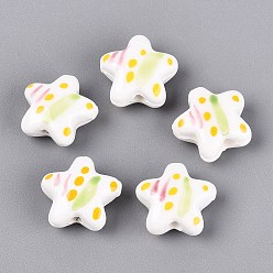 Flamenco Cuentas de porcelana hechas a mano, pintado a mano, famille porcelana rosa, estrella con rayas y lunares, flamenco, 15x15.5~16.5x7.5~8.5 mm, agujero: 2~2.5 mm