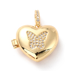 Real 18K Gold Plated Brass Micro Pave Cubic Zirconia Diffuser Locket Pendants, Cadmium Free & Lead Free, Long-Lasting Plated, Heart with butterfly, Real 18K Gold Plated, 19.5x22.5x8.5mm, Hole: 3.2x5mm