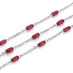 Red 304 Stainless Steel Cable Chains, with Enamel Oval Beads, Soldered, with Spool, Flat Oval, Stainless Steel Color, Red, 5x2.5mm, Link: 2x1.6x0.3mm, about 32.8 Feet(10m)/roll
