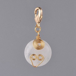 Quartz Crystal Flat Round Natural Quartz Crystal Pendants, with Copper Wire and Brass Lobster Claw Clasps, 33mm