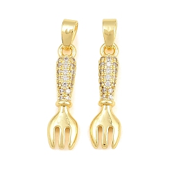 Real 18K Gold Plated Brass Micro Pave Clear Cubic Zirconia Pendants, Fork Charms, Real 18K Gold Plated, 20x5x3mm, Hole: 5x3mm