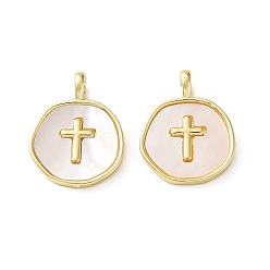 White Brass Pendants, with White Shell, Flat Round with Cross Charms, Cadmium Free & Lead Free, Rack Plating, Long-Lasting Plated, Real 18K Gold Plated, White, 20x15x2mm, Hole: 3.5x2.5mm