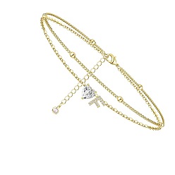 Letter F Двухслойные браслеты на ногу с подвесками в виде сердца и буквы из латуни и кристаллов горного хрусталя, золотые, Буква F, 8-5/8 дюйм (220 мм)