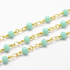 Turquoise Handmade Glass Beaded Chains, with Spool, Unwelded, Faceted Rondelle, Imitation Jade, with Brass Findings, Golden, Turquoise, 4mm, about 32.8 Feet(10m)/roll