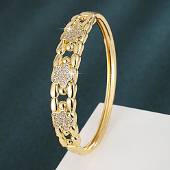 Oro Brazaletes de latón con microincrustaciones de circonitas cúbicas transparentes en forma de flor y bisagra abierta para mujer., dorado, diámetro interior: 2.17 pulgada (5.5 cm)