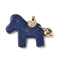 Ляпис-Лазурь Резные подвески из окрашенного натурального лазурита, Подвески в виде лошади с латунным сердцем, золотые, 37.5~38.5x38.5~42x8~8.5 мм, отверстие : 5.5x3.5 мм