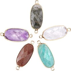 Mixed Stone 5Pcs 5 Style Natural Gemstone Links Connectors, with Light Gold Plated Edge Brass Loops, Oval, Faceted, 27x11x5.5mm, Hole: 2mm, 1pc/style