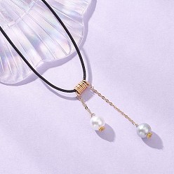 Золотой Круглая подвеска с кисточкой из искусственного жемчуга из АБС-пластика, шнур из черного вощеного полиэстера, ожерелье для женщин, с латунными концевыми цепями, белые, золотые, 14.65 дюйм (37.2 см)
