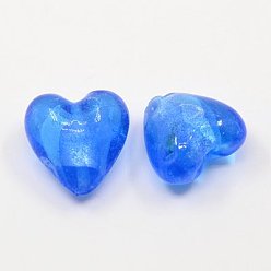 Dodger Blue Handmade Silver Foil Glass Beads, Heart, Dodger Blue, 20x20x13mm, Hole: 2mm