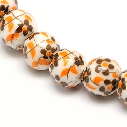 Naranja Cuentas de cerámica de la porcelana de la flor hecha a mano impresa hebras, rondo, naranja, 6 mm, agujero: 2 mm, sobre 60 unidades / cadena, 13 pulgada