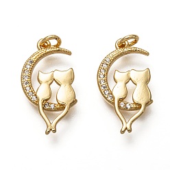Настоящее золото 18K Латунные микропаве прозрачные подвески с фианитом, долговечный, с прыжковых колец, луна с парой кошек, реальный 18 k позолоченный, 19x10x2 мм, Перейти кольцо: 4x1 мм, 2 мм внутренним диаметром