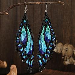 Синий Серьги-гвоздики из бисера ручной работы в стиле бохо с кисточками в форме крыльев бабочки, платина, синие, 122x30 мм