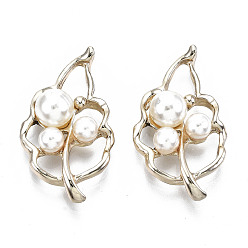 Light Gold UV Plated Alloy Pendants, with Rhinestone and ABS Plastic Imitation Pearl, Leaf, Cadmium Free & Lead Free, Light Gold, 25.5x14.5x6.5mm