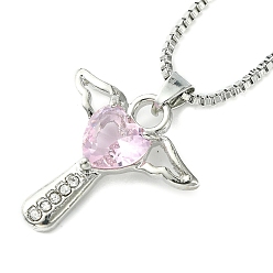 Pink Cubic Zirconia Fairy with Heart Pendant Necklace with Box Chains, Platinum Zinc Alloy Jewelry for Women, Pink, 18.98 inch(48.2cm)