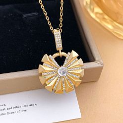 Fan Подвеска из латуни с микропаве из прозрачных кубических цирконий 304 Цепочка из нержавеющей стали для женщин, золотые, вентилятор, 15.75 дюйм (40 см)