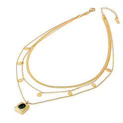 Golden 304 Stinless Steel Herringbone & Curb Chains 3 Layered Necklaces, Acrylic Rectangle Pendant Necklace, Golden, 16.34 inch(41.5cm)