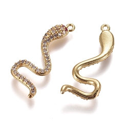 Golden Brass Micro Pave Cubic Zirconia Pendants, Snake, Clear, Golden, 30.5x11x2.5mm, Hole: 1.4mm