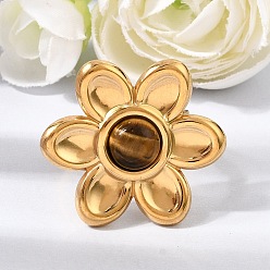 Tiger Eye 304 Stainless Steel Cuff Open Rings for Women, Flower, with Natural Tiger Eye, Ion Plating(IP), Golden, US Size 7(17.3mm)