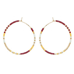 Красный Серьги-кольца ручной работы из стеклянного бисера., С 304 результатами из нержавеющей стали, золотые, красные, 35x35 мм