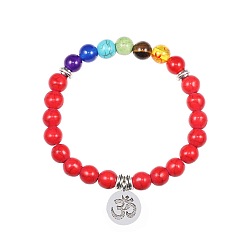 Synthetic Turquoise 8MM Dyed Synthetic Turquoise Round Beaded Stretch Bracelets, Chakra Yaga OM Symbol Charm Bracelets for Women, Platinum, Red, 7.48 inch(19cm)