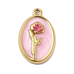 Настоящее золото 18K 304 прелести нержавеющей стали, овал с цветочными подвесками, с эмалью и стразами, ионное покрытие (ip), реальный 18 k позолоченный, 17.5x11.5x2 мм, отверстие : 1.2 мм