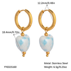 Corazón Pendientes de aro de acero inoxidable, Pendientes colgantes de porcelana hechos a mano para mujer, dorado, corazón, 304 mm