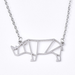 Stainless Steel Color Non-Tarnish 201 Stainless Steel Pendant Necklaces, with Cable Chains, Rhinoceros Shape, Stainless Steel Color, 17.7 inch(45cm), 2mm, Rhinoceros: 17x32x1mm