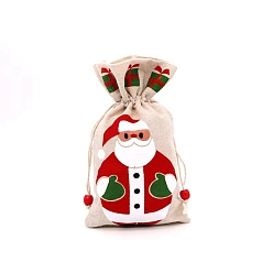 Santa Claus Christmas Linen Gift Bags, Drawstring Candy Cookie Cloth Bags, Rectangle, Santa Claus, 23x15cm