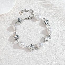 Нержавеющая Сталь Цвет 304 Браслеты-цепочки из нержавеющей стали и пластиковых жемчужных бусин для женщин, самородки, цвет нержавеющей стали, 7.68 дюйм (19.5 см)