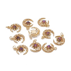 Mauve Brass Micro Pave Clear Cubic Zirconia Glass Pendants, with Jump Ring, Long-Lasting Plated, Moon, Cadmium Free & Lead Free, Real 18K Gold Plated, Mauve, 21x16.5x4.5mm, Jump Ring: 5x0.8mm, 3.5mm Inner Diameter