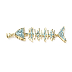 Sky Blue Brass Micro Pave Cubic Zirconia Pendants, Fishbone Charms, Long-Lasting Plated, Rack Plating, Lead Free & Cadmium Free, Real 18K Gold Plated, Sky Blue, 45x14x4mm, Hole: 5x3mm