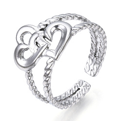 Stainless Steel Color Non-Tarnish 304 Stainless Steel Interlocking Heart Open Cuff Ring, Hollow Chunky Ring for Women, Stainless Steel Color, US Size 7 1/4(17.5mm)