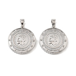 Платинированный Подвески из латуни и прозрачного циркония, плоские круглые подвески с изображением человека, Реальная платина, 26x23.5x4 мм, отверстие : 6.5x4 мм