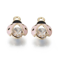 Pink Подвески из сплава со стразами и эмалью, без кадмия и без свинца, коровка, золотой свет, розовые, 15x11.5x7 мм, отверстие : 2 мм