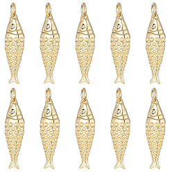 Chapado en Oro Real 18K 10 colgantes de latón chapado en rack, encantos de pescado, sin plomo y cadmio, larga duración plateado, con anillo de salto, real 18 k chapado en oro, 25.5x7x4 mm, agujero: 3.2 mm