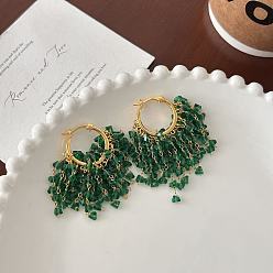 Зеленый Серьги-люстры с кисточками из латунных стеклянных бусин, золотые, зелёные, 46x25 мм