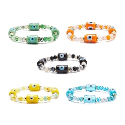 Mixed Color Column with Evil Eye Lampwork & Glass Beaded Stretch Bracelet for Women, Mixed Color, Inner Diameter: 1-7/8 inch(4.7cm)