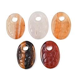 Natural Agate Natural Agate Carved Pendants, Oval with Flower Charms, 33~35x23~25x5~6mm, Hole: 1.2mm