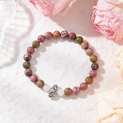 Смешанные камни Круглые бусины из натурального унакита, белого нефрита и родонита, эластичные браслеты, браслеты с подвесками в виде лотоса из сплава для мужчин и женщин, внутренний диаметр: 2-1/8 дюйм (5.5 см), лотоса: 8.5x15x4.5 мм