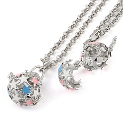 Colorful Brass Enamel Pendant Necklaces, Iron Rolo Chains, Round with Star Pattern, Colorful, 31.69 inch(805mm)