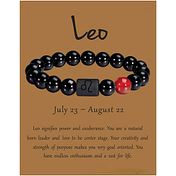 Лео 12 созвездие натуральные круглые сердоликовые бусины эластичные браслеты, с круглыми бусинами из черного агата, Лев, 3/8x2-3/8 дюйм (1x6 см)