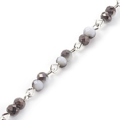 Black Handmade Electroplate Glass Beaded Chains, Unwelded, with Iron Eye Pin, Rondelle, Black, 13x4~4.5mm, 1m/strand, 39.37 inch