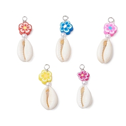 (52) Непрозрачная лаванда Подвески из натуральной ракушки каури и цветка, сделанные вручную из полимерной глины и акрилового искусственного жемчуга, с обмоткой из медной проволоки, платина, разноцветные, 31.5x10.5x6 мм, отверстие : 2 мм