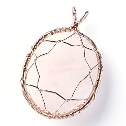 Rose Quartz Natural Rose Quartz Big Pendants, with Rose Gold Tone Brass Findings, Oval with Tree of Life, 56~58.5x35~36x12~13.8mm, Hole: 4.2~5.2x4.6~6mm
